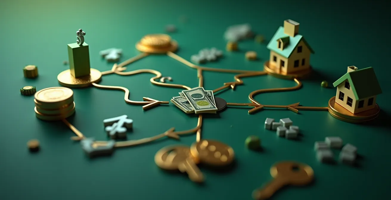 Illustration conceptuelle de flèches connectant rémunération SASU et différents véhicules d'investissement