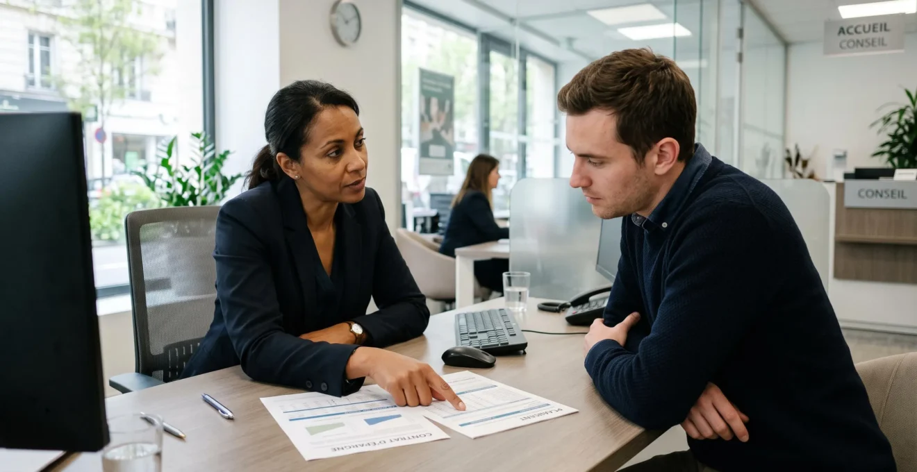 Conseillère bancaire et client en discussion dans une agence française, consultant des documents sur les produits d'épargne