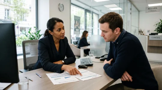 Conseillère bancaire et client en discussion dans une agence française, consultant des documents sur les produits d'épargne