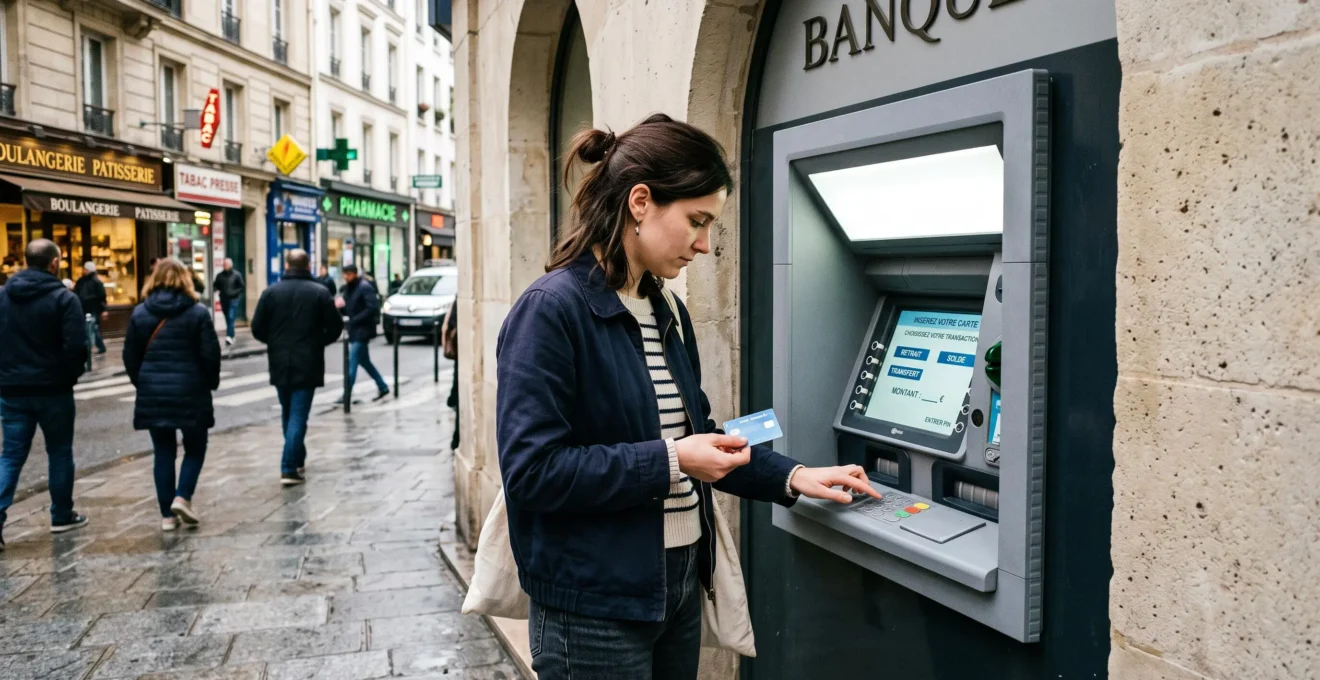 Jeune femme utilisant un distributeur automatique bancaire en France pour consulter son compte d'épargne