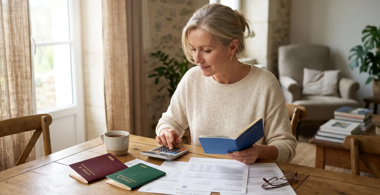 Femme organisant et comparant plusieurs livrets d'épargne et documents bancaires à son domicile