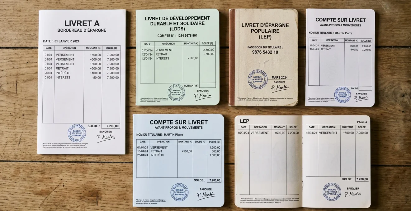 Plusieurs livrets bancaires et documents officiels de produits d'épargne français étalés sur une surface